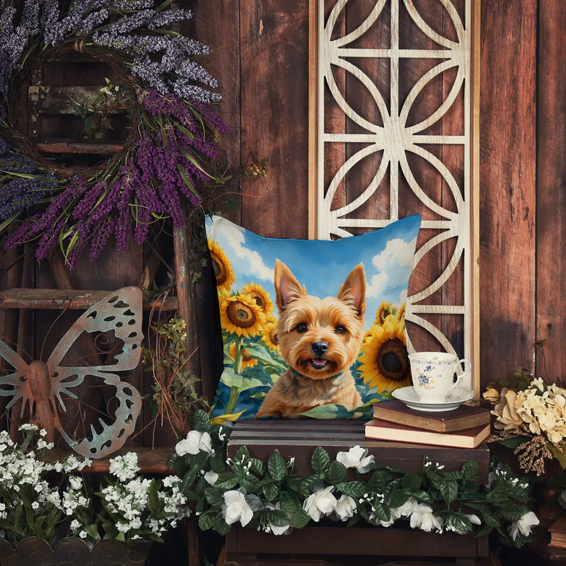 Norwich Terrier in Sunflowers Throw Pillow