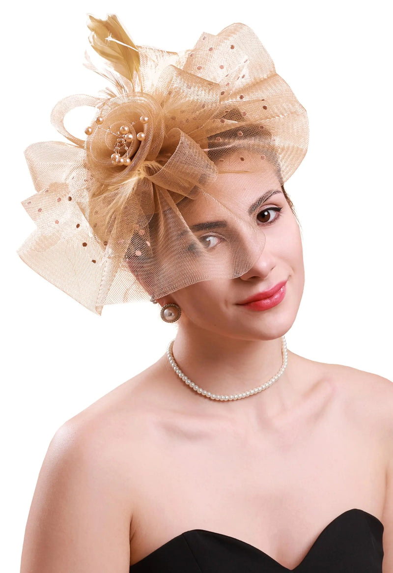 Cizoe Fascinators Hats for Tea Party Womens 50s Headwear with Veil Flower Cocktail Wedding Church Derby Hat(Gold)