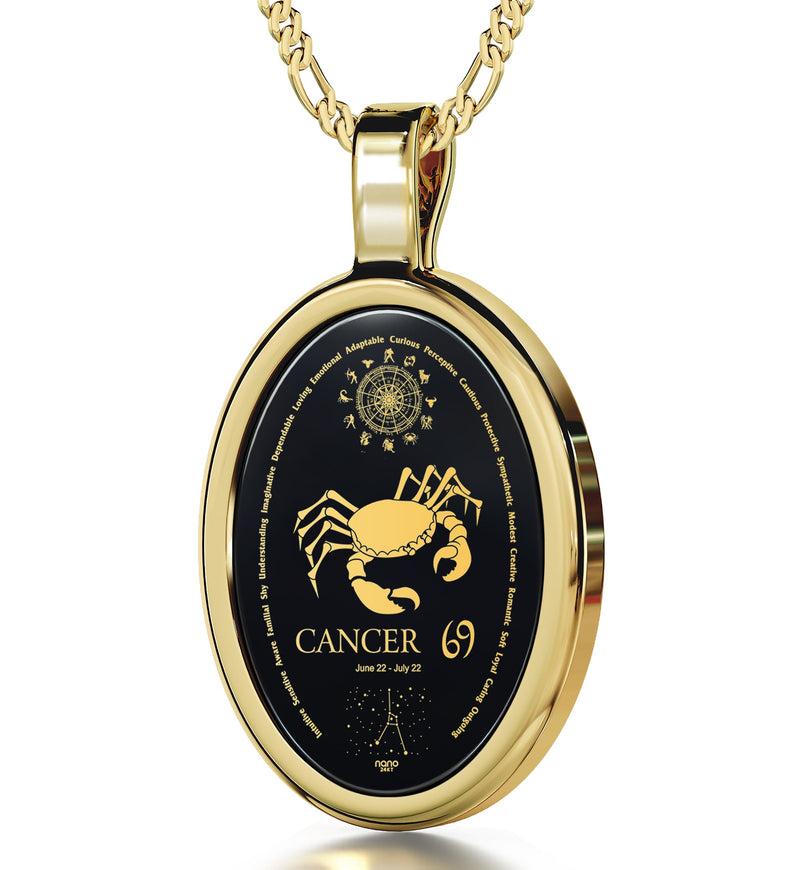 Cancer Necklace Zodiac Pendant 24k Gold Inscribed on Onyx Stone