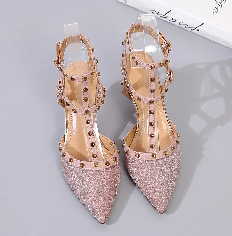Pointed Toe Stiletto Sandals with Studded Straps