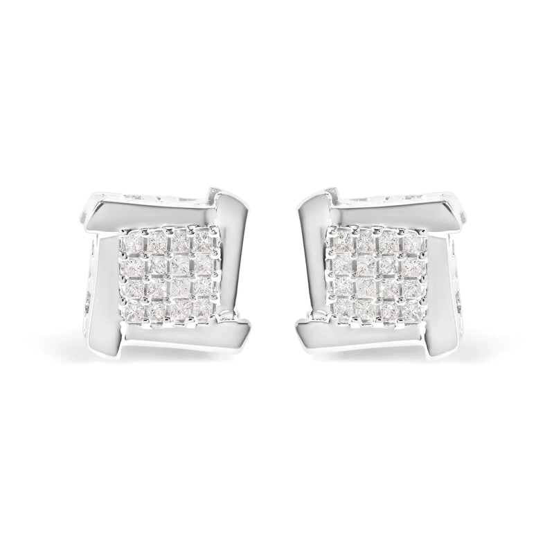 10K White Gold 1/2 Cttw Composite  Princess Diamond Square and Swirl Stud Earrings (I-J Color, I1-I2 Clarity)