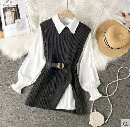 White Western-Style Knit Vest and Shirt Set