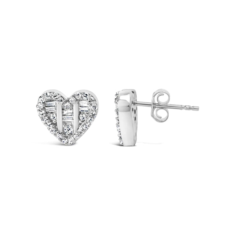 .925 Sterling Silver 1/2 Cttw Round and Baguette Diamond Composite Heart Shaped Stud Earring (I-J Color, SI2-I1 Clarity)