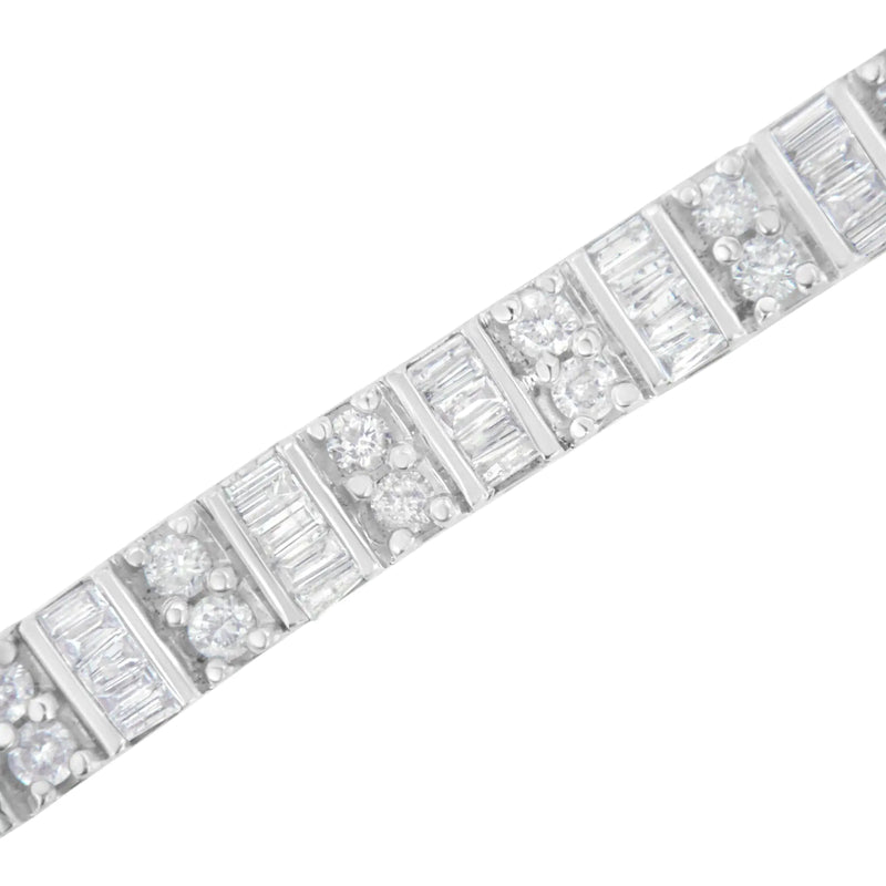 10K White Gold 4.0 Cttw Alternating Baguette & Round Cut Diamond Bezel- & Prong-Set 7" Tennis Bracelet (G-H Color, SI1-SI2 Clarity)