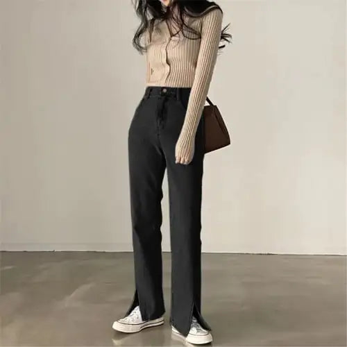 Korean High-Waisted Slit Spring Jeans for Women