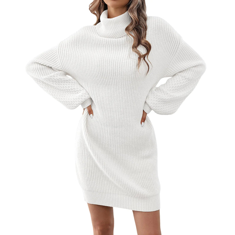 ZLIGXEA Sweater Dresses Women Oversized Fall Turtle Neck Pullover Ribbed Knit Long Batwing Sleeve Mini Dress(White M)