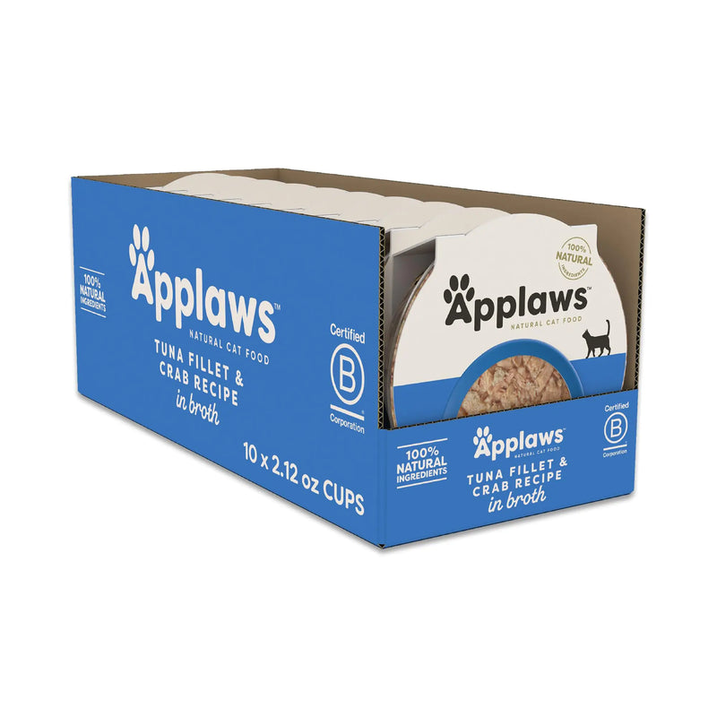 Applaws Natural Wet Cat Food in Broth Limited Ingredient Cat Food Cups Grain-Free Cat Food Pots No Artificials 100% Natural Ingredient Cat Food Tuna Fillet & Crab in Broth (10 x 2.12 oz Cups)