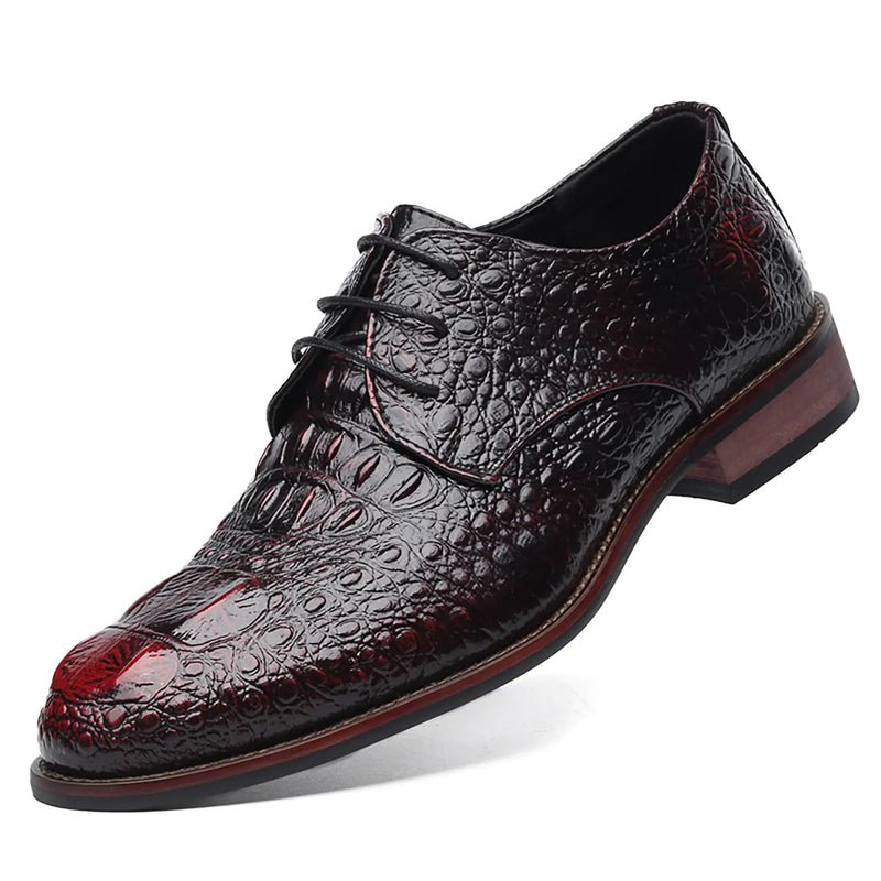 Mens Alligator Lace Up Dress Shoes Mens Crocodile Print Round Toe Oxford ShoesClassical Business Formal Derby Shoes for Men (Wine red8)