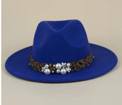 Fashion Pearl Leopard Print Wool Fedora Hat for Women