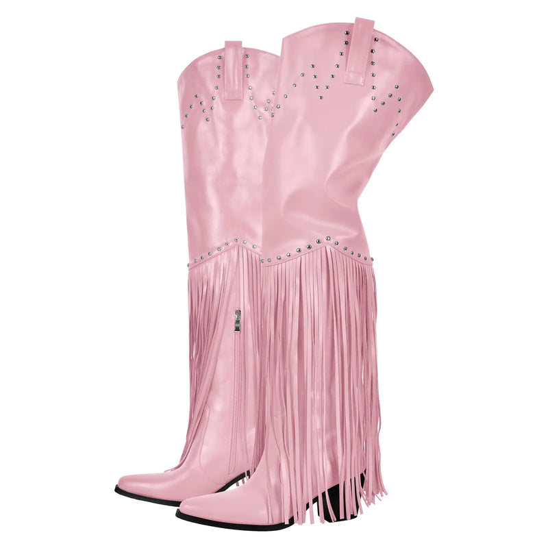 richealnini Womens Thigh High Boots with Tassels Western Cowboy Boots Zip Up Wide Calf Sock Booties Pull On Long Shaft Block Heels wtih Rivets Punk Riding Combat Motocycle Cowgirl Boots Pink Size 6
