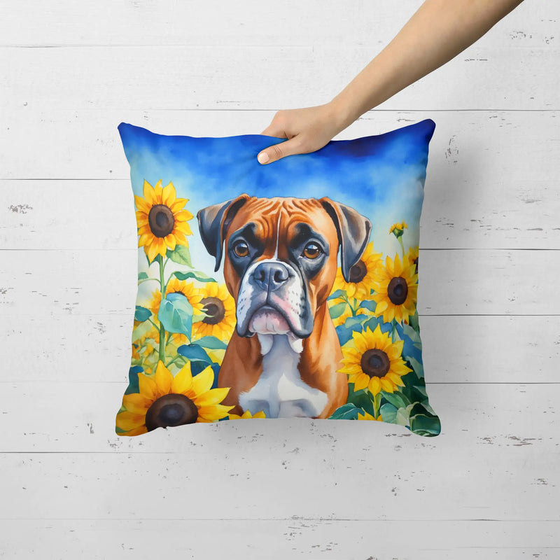 Boxer in Sunflowers Throw Pillow