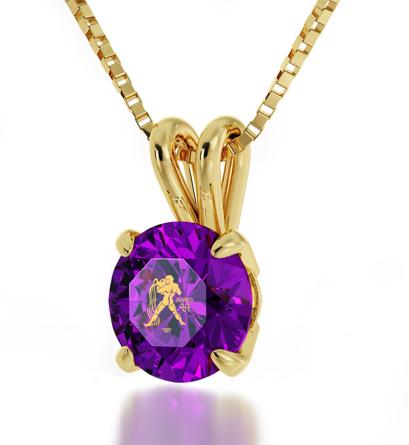 Gold Plated Silver Aquarius Necklace Zodiac Pendant 24k Gold inscribed on Crystal