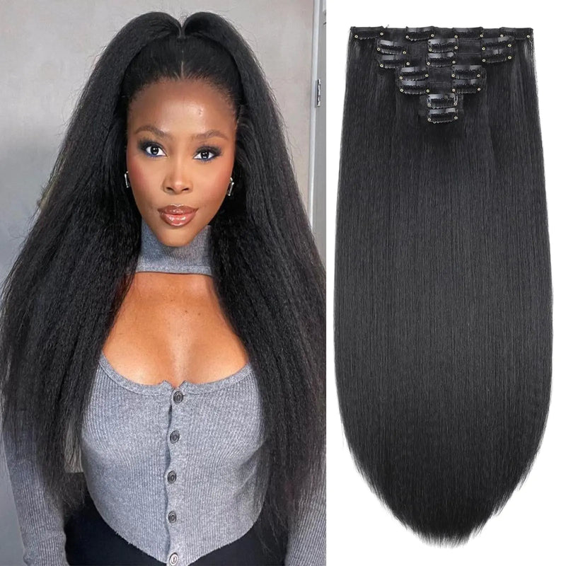 24 Inch Kinky Straight Clip in Hair Extensions Natural Black 7 Pcs Yaki Straight Clip in Hair for Black Women 145G Full Head Yaki Straight Seamless Clip in Synthetic Hair