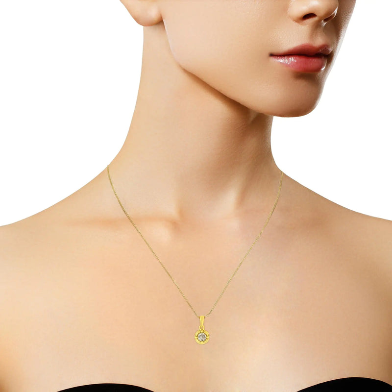 14K Yellow Gold Plated .925 Sterling Silver Brilliant Round Cut Diamond Solitaire Milgrain 18" Pendant Necklace