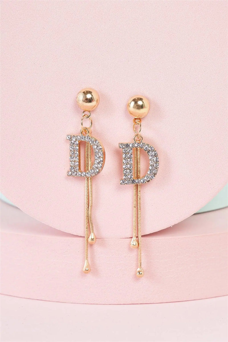 Gold & Rhinestone "D" Accent Double Wire Drop Earrings