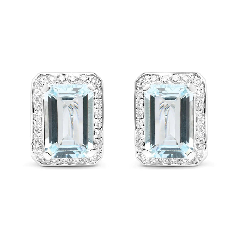 18K White Gold 3/4 Cttw Round Diamond and 13x9mm Emerald Cut Blue Aquamarine Gemstone Halo Omega Stud Earrings (G-H Color, SI1-SI2 Clarity)