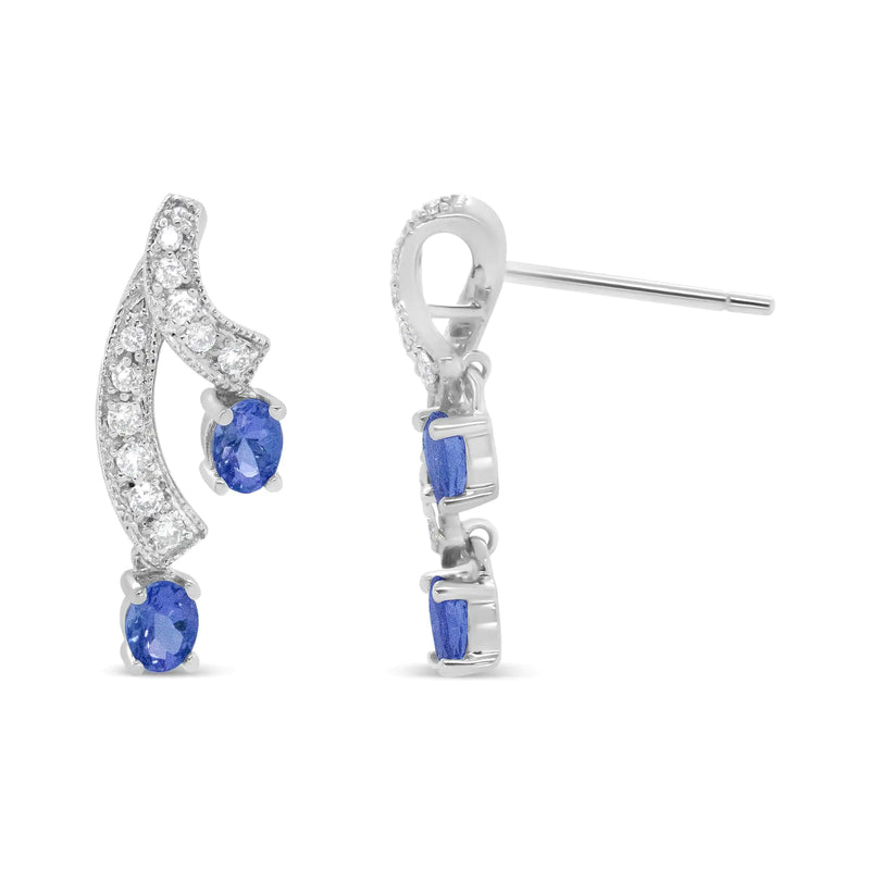 14K White Gold 4x3MM Oval Shaped Natural Blue Tanzanite Gemstone and 1/5 Cttw Diamond Double 3/4" Inch Drop Stud Earrings (H-I Color, VS1-VS2 Clarity)