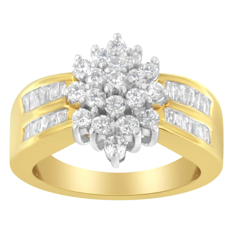 14K Yellow Gold 1.0 Cttw Round & Baguette Cut Diamond Floral Cluster Double-Channel Flared Band Cocktail Statement Ring (H-I Color, SI2-I1 Clarity)