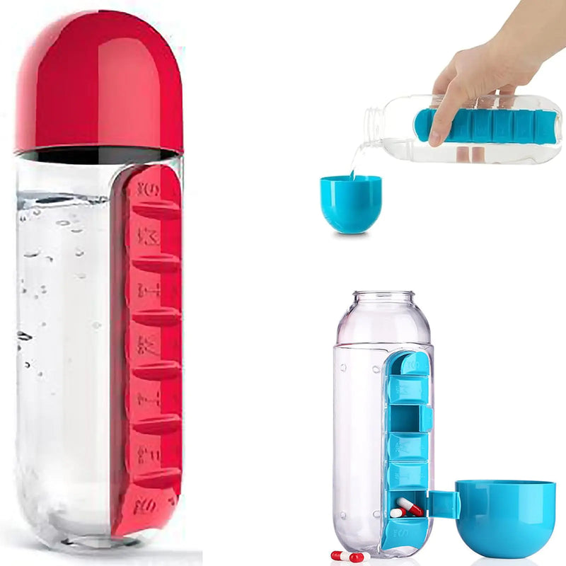 2 in 1 Pill Box Cup Organizer with Water Bottle 7 Day Water Bottle with Pill Organizer Case 600 ML Daily Medicine Storage Box and Water Bottle Combination Medication Cup Holder for Sport Travel (C