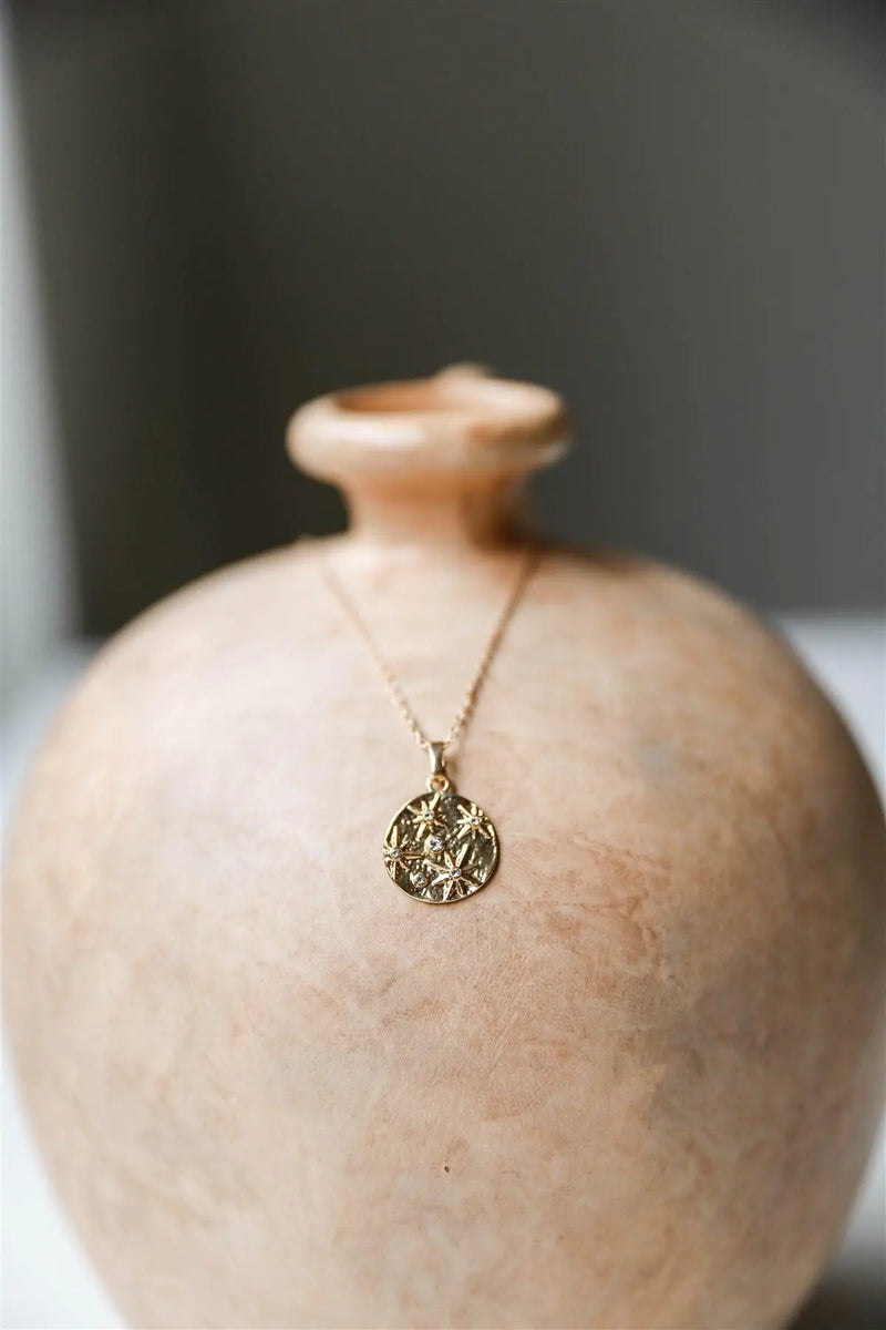 "Night Sky" Gold Chain Stars Circle Crystals Necklace