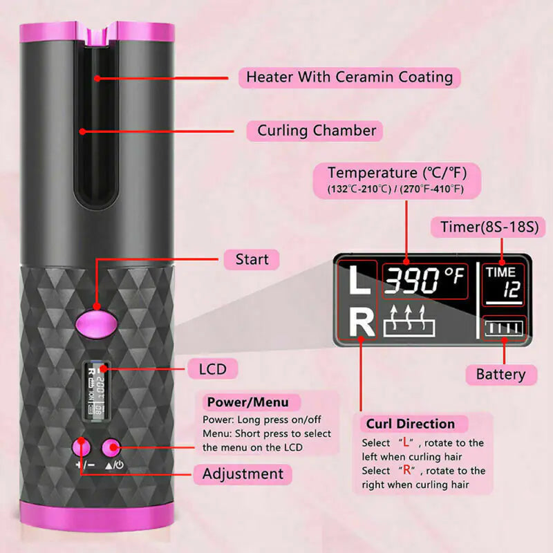 Hair Curler LCD Cordless Auto Rotating Waver Curling Iron Ceramic Wireless USA