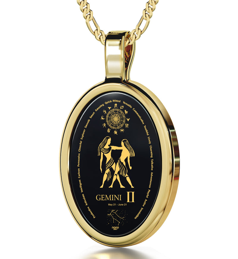 Gemini Necklace Zodiac Pendant 24k Gold Inscribed on Onyx Stone