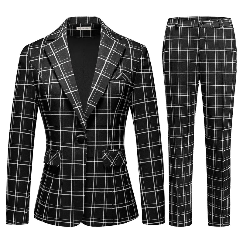 MODFUL Womens 2 Piece Casual Plaid Suit Set Office One Button Slim Fit Blazer with Pant Black-a