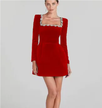 Chloe™ Elegant Summer Long Sleeve Dress with Rhinestones