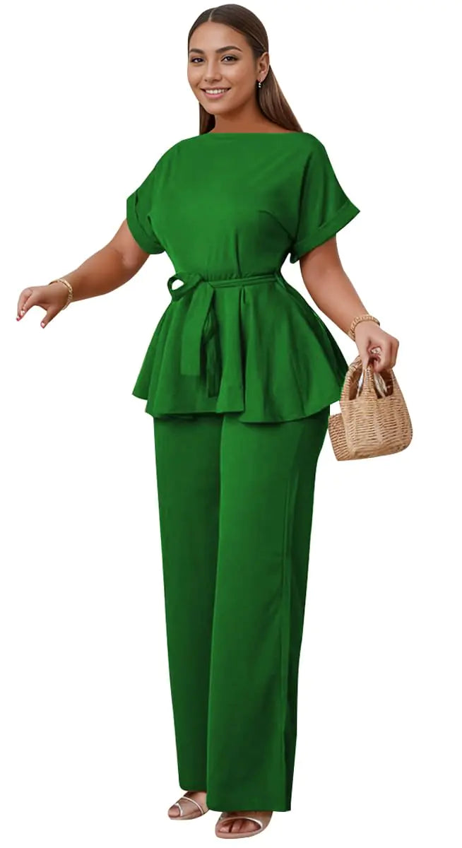 WUSENST Womens 2 Piece Outfits Suit Set Round Neck Short Sleeve Top Long Pants Church Office Business Work Wear