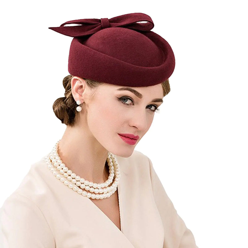 Fasbuy Wool Felt Fascinator Women Elegant Pillbox Hat Bowknot Derby Church Hat Retro Fedoras Red