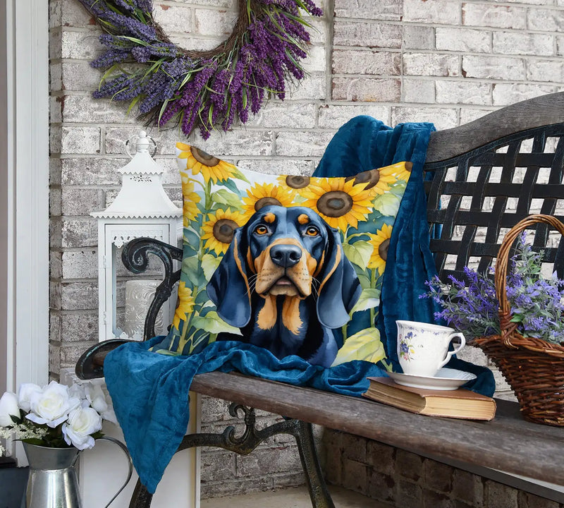 Black and Tan Coonhound in Sunflowers Throw Pillow