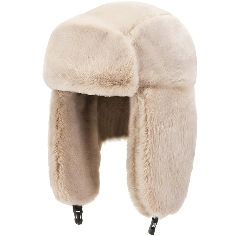 Cozy Plush Winter Hats Men Women Trapper Trooper Hat with Earflaps Windproof Russian Ushanka Hats Outdoor Skiing Cap Beige