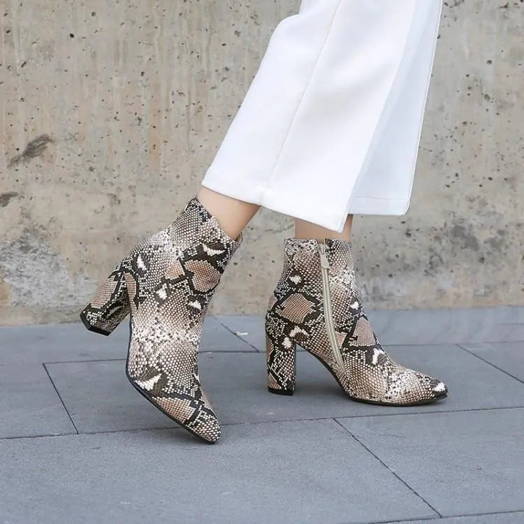 Snake Print Thick Heel Ankle Martin Boots