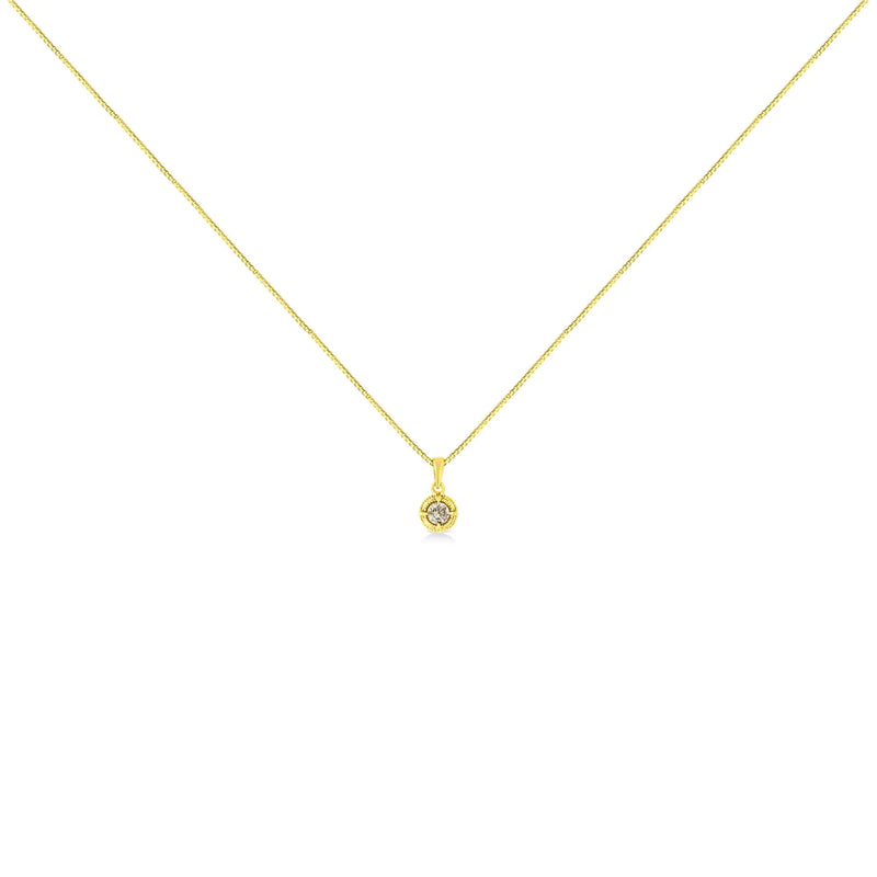 14K Yellow Gold Plated .925 Sterling Silver Brilliant Round Cut Diamond Solitaire Milgrain 18" Pendant Necklace