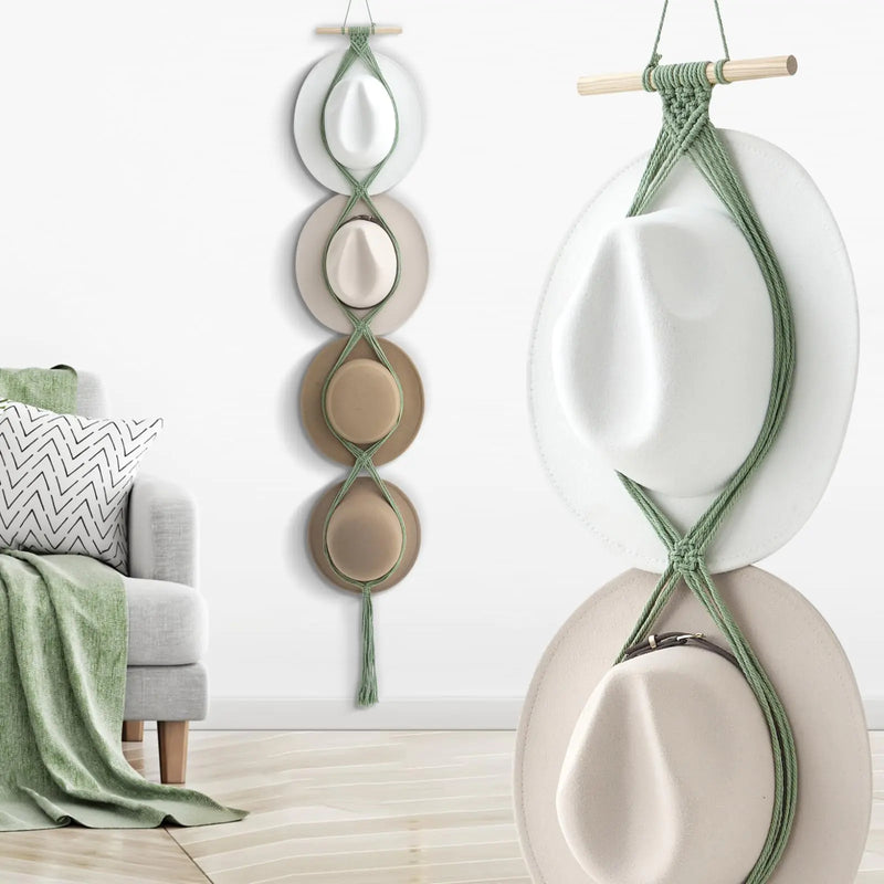 Yulejo Macrame Hat Hangers Boho Hat Rack Cowboy Hat Hanger Back of Door Hat Organizer (Sage GreenFour Hats Style)