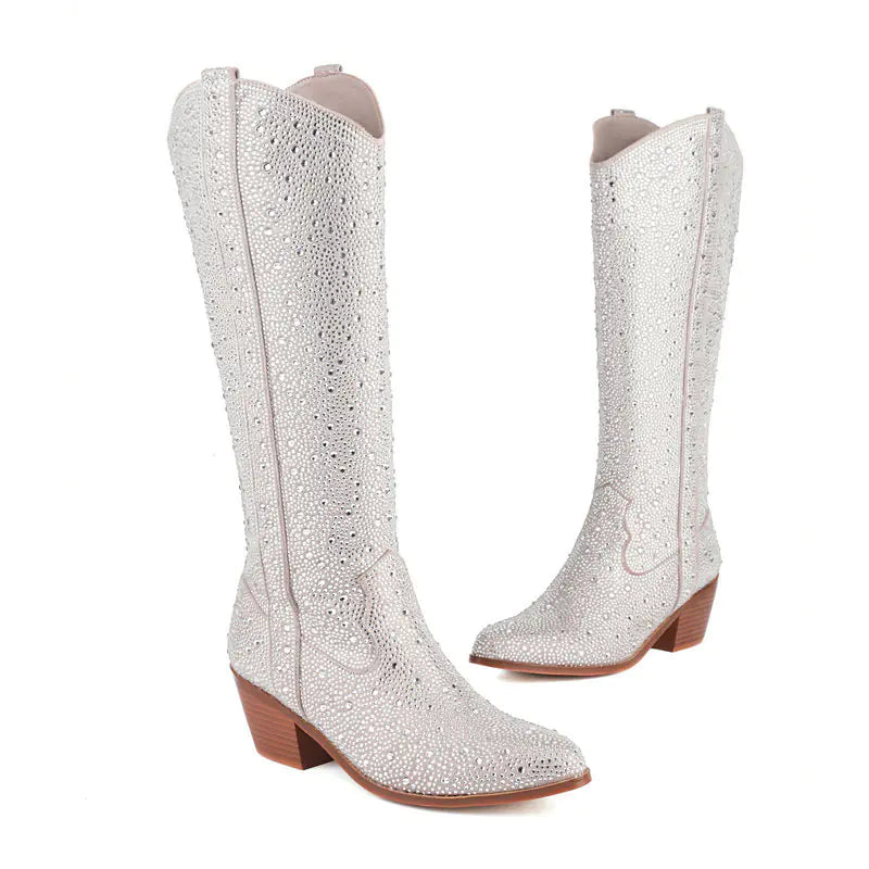 Vintage Rhinestone Chunky Heel Knee-High Boots