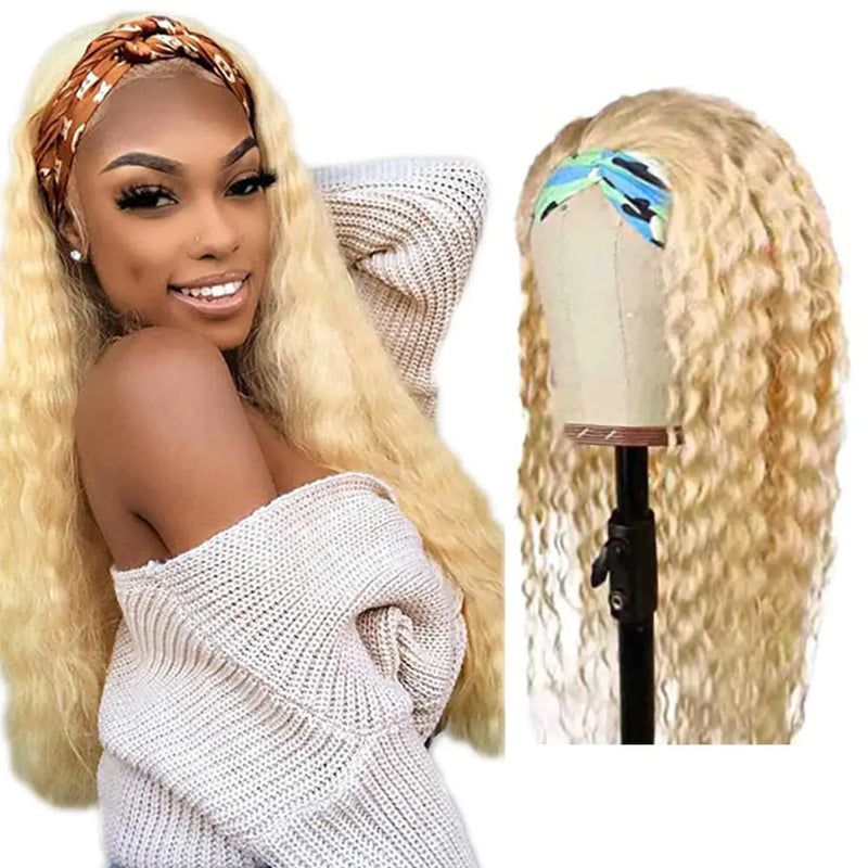 613 Blonde Headband Wig Human Hair Deep Wave Non Lace Front Wig Unprocessed Virgin Hair Glueless Deep Wave 613 Colored Headband Wigs Blonde Full Machine Made Wig for Women 18 Inch