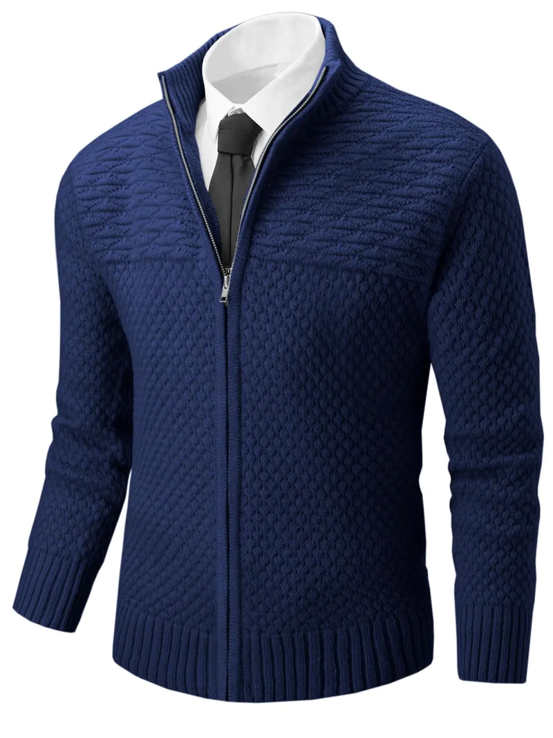 Runcati Mens Zip Up Cardigan Sweater Casual Stand Collar Textured Knit Ribbed Chunky Sweaters Navy Blue