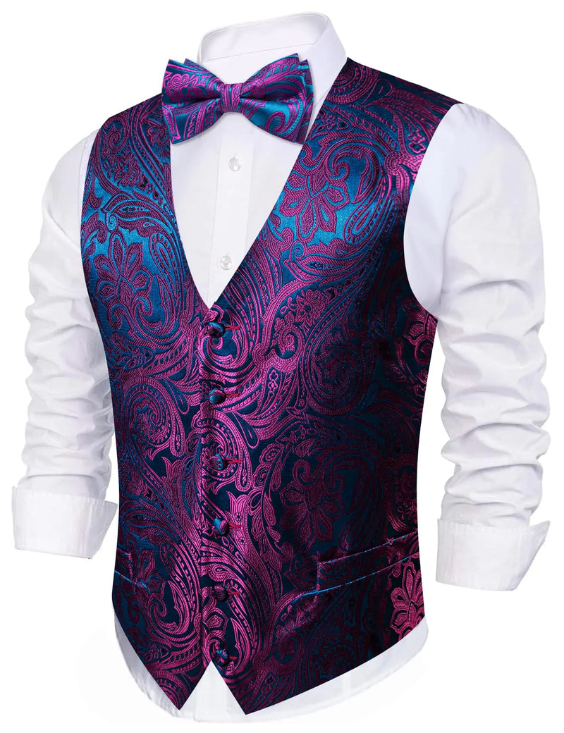 Barry.Wang Mens Waistcoat Bowtie Set Paisley Jacquard Silk V-Neck Vest Handkerchief Cufflinks Formal/Leisure Wedding Party