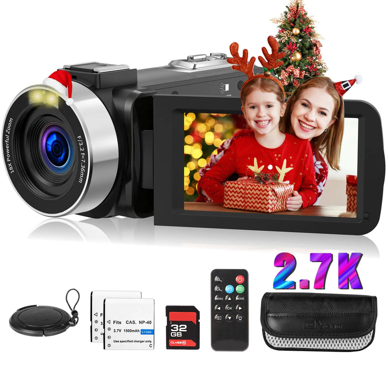 Weochi Video Camera Camcorder Digital Camera Recorder Full HD 2.7K 30FPS 42MP 3.0 Inch 270 Degree Rotation LCD 18X Digital Zoom Camcorder Camera with 2 Batteries(Black)