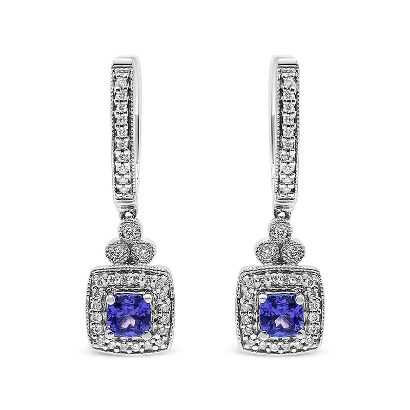 14K White Gold 4x4 mm Cushion Shaped Blue Tanzanite and 1/3 Cttw Diamond Halo 1" Inch Drop and Dangle Earrings (J-K Color, SI2-I1 Clarity)