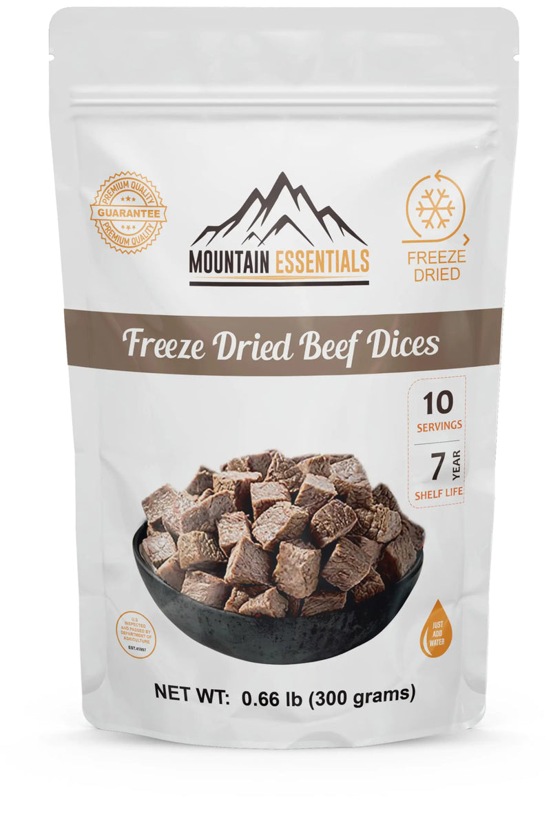 Mountain Essentials Freeze Dried Fully Cooked Beef Dices | 240 Grams Protein (24 gram per servings) High Protein Intake Ready to Eat Packed Meal | Emergency Survival Food Hunting Camping Backpacking Food 10 serving per Pouch