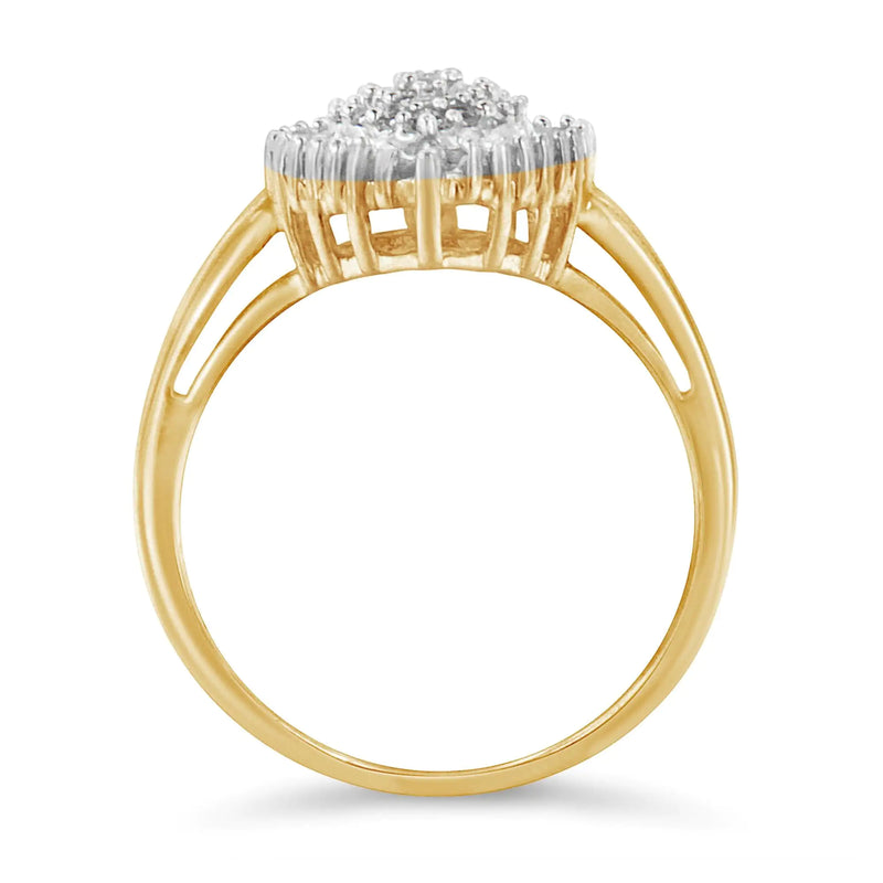 10K Yellow Gold 1/2 Cttw Round & Baguette Cut Diamond Pear Shaped Domed Pavé Cluster with Halo Cocktail Ring (J-K Color, I1-I2 Clarity)