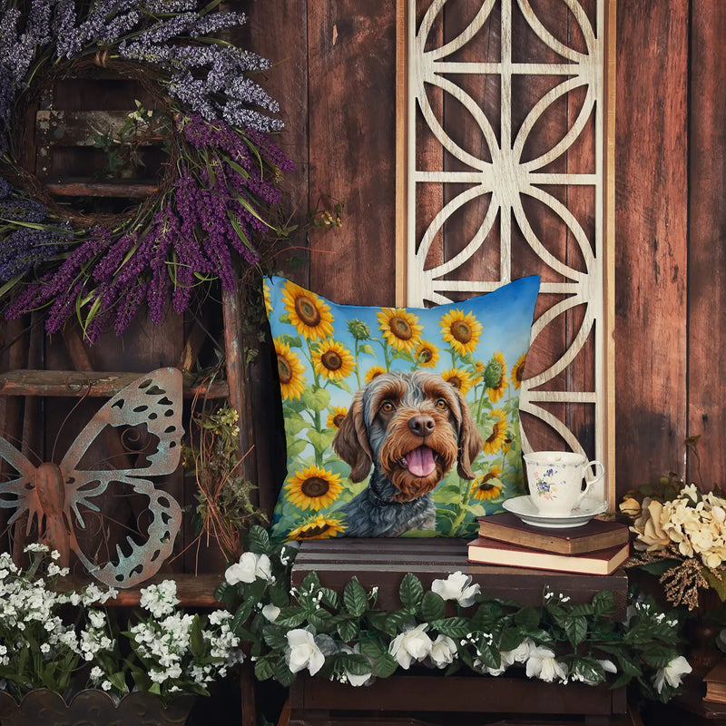 Wirehaired Pointing Griffon in Sunflowers Throw Pillow