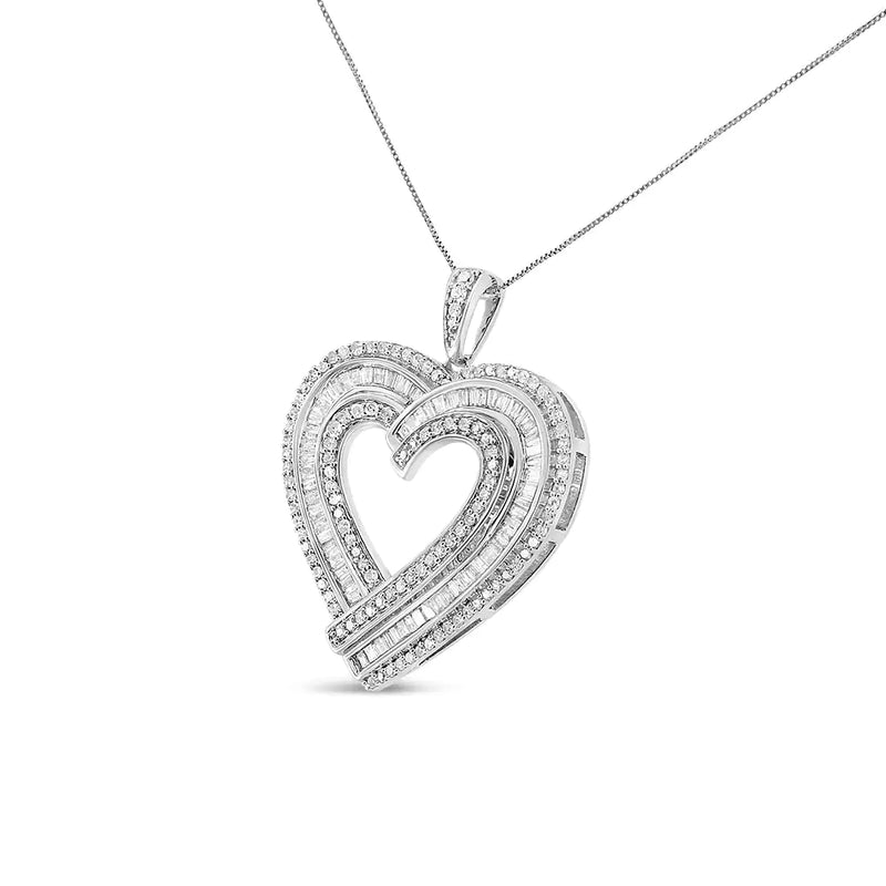 .925 Sterling Silver 1 3/8 Cttw Baguette Diamond Composite Heart 18" Inch Pendant Necklace (I-J Color, I1-I2 Clarity)