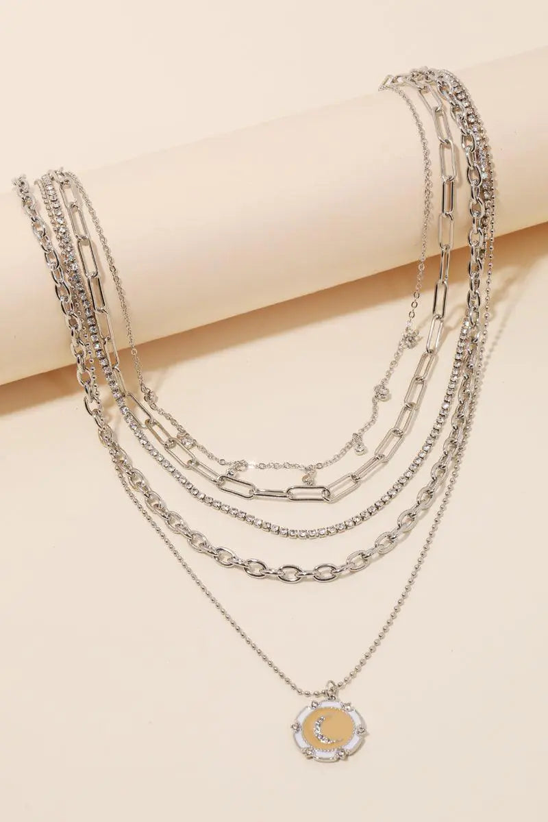 5 Layer Chain Crystal Moon Medallion Necklace