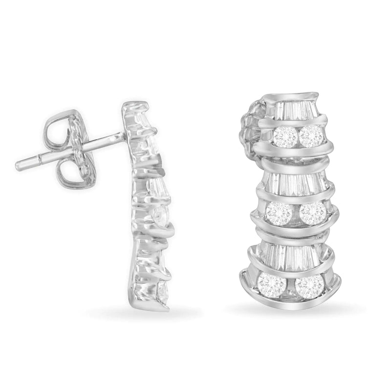 14KT White Gold 7/8 cttw Bagutte & Round Brilliant-Cut Diamond Dangle Multi Row Earrings (H-I, SI2-I1)