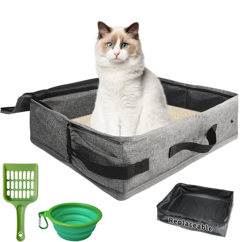 Joroamp Portable Cat Travel Litter Box with Lid Collapsible Travel Carrier Small Litter Box Set for Cat No Smell Leak-Proof Easy to Carry Easy to Use in Hotels and Car (MPlus Dual-Layer)