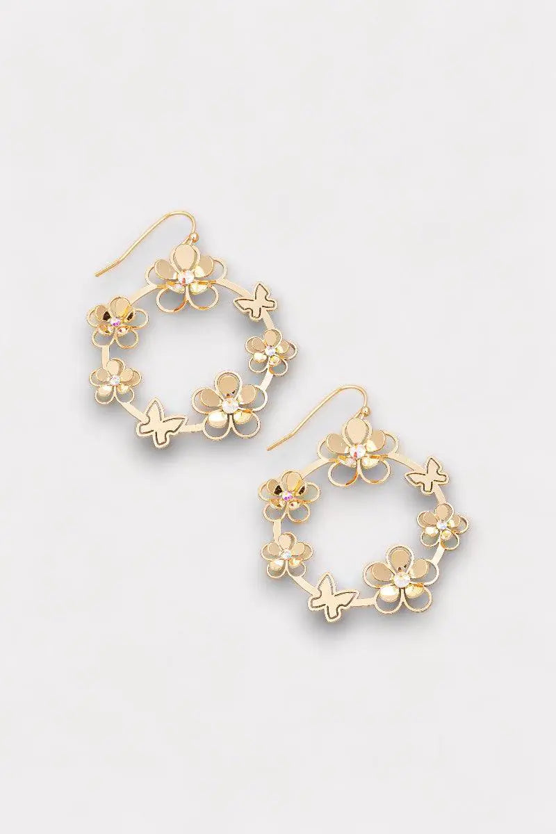 Circle Flower Butterfly Rhinestone Filigree Earrings