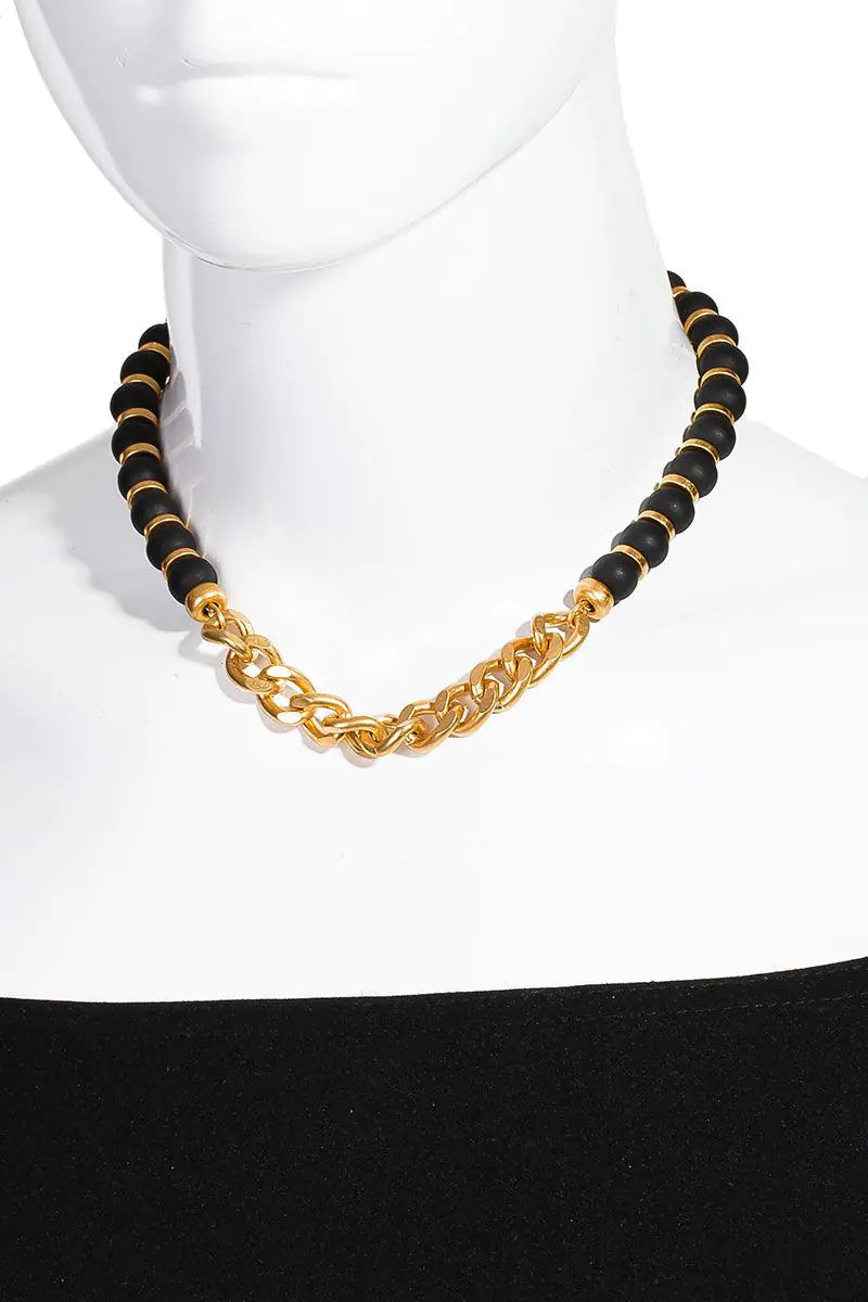 Metal Chain Link Accented Beaded Wood Mid Length Necklace